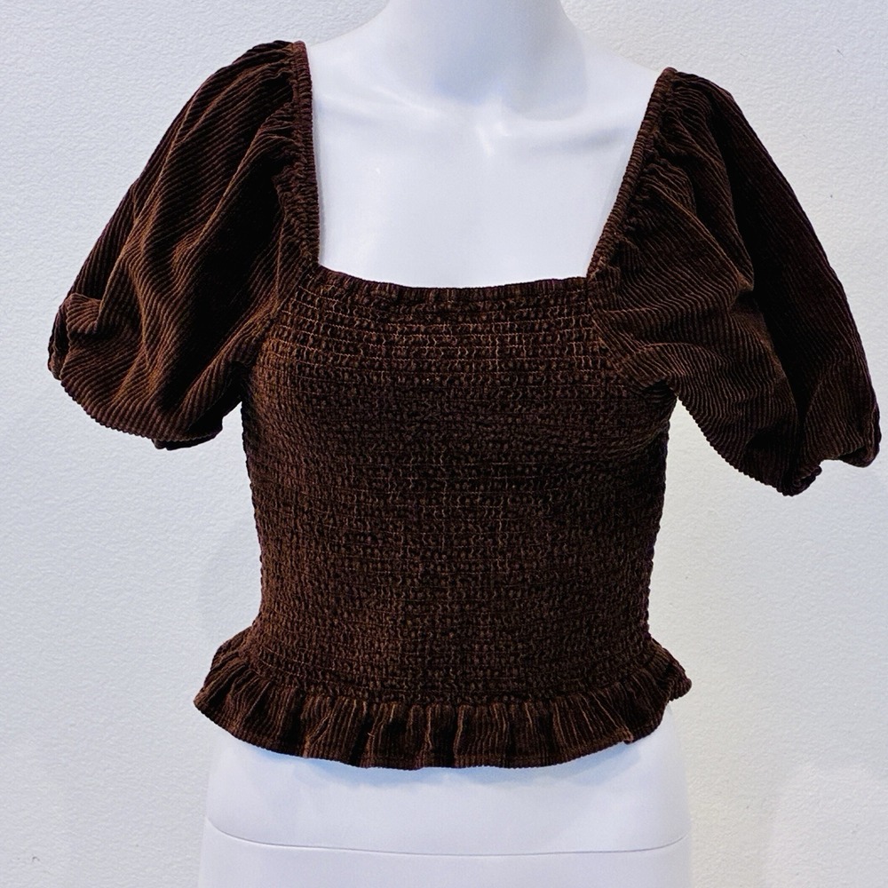 American Eagle Womens Brown Corduroy Boho Smocked Puff Sleeve‎ Top Sz S Festival
